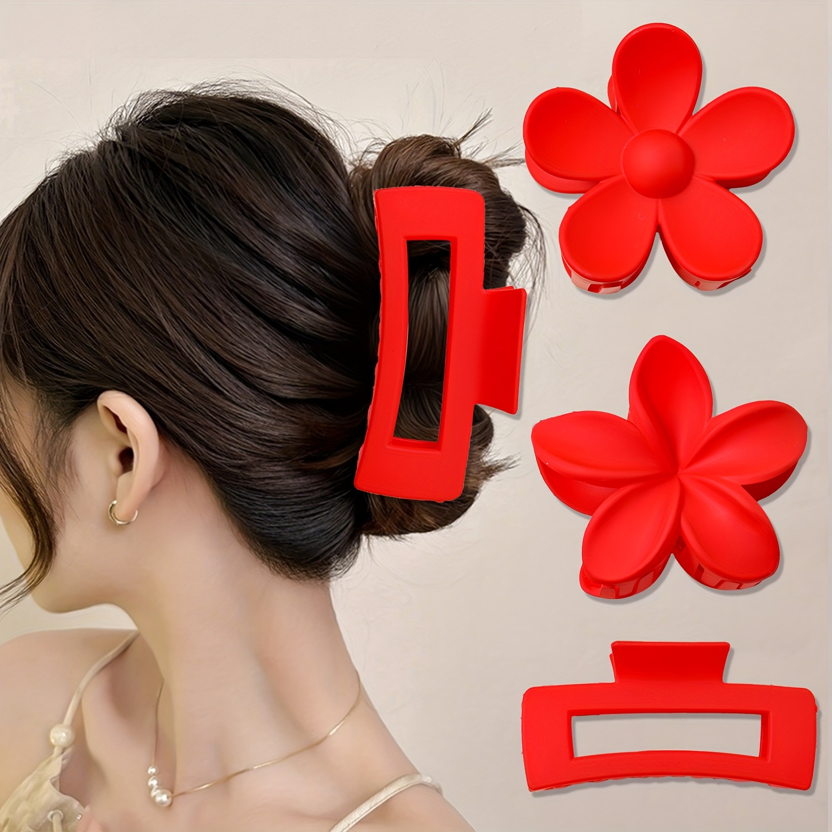 3pcs Set Of Solid Color Frosted Women's Hair Clip, Simple Red Hollow Flower Rectangular Combination Hair Accessory Clip, Styling Clip
