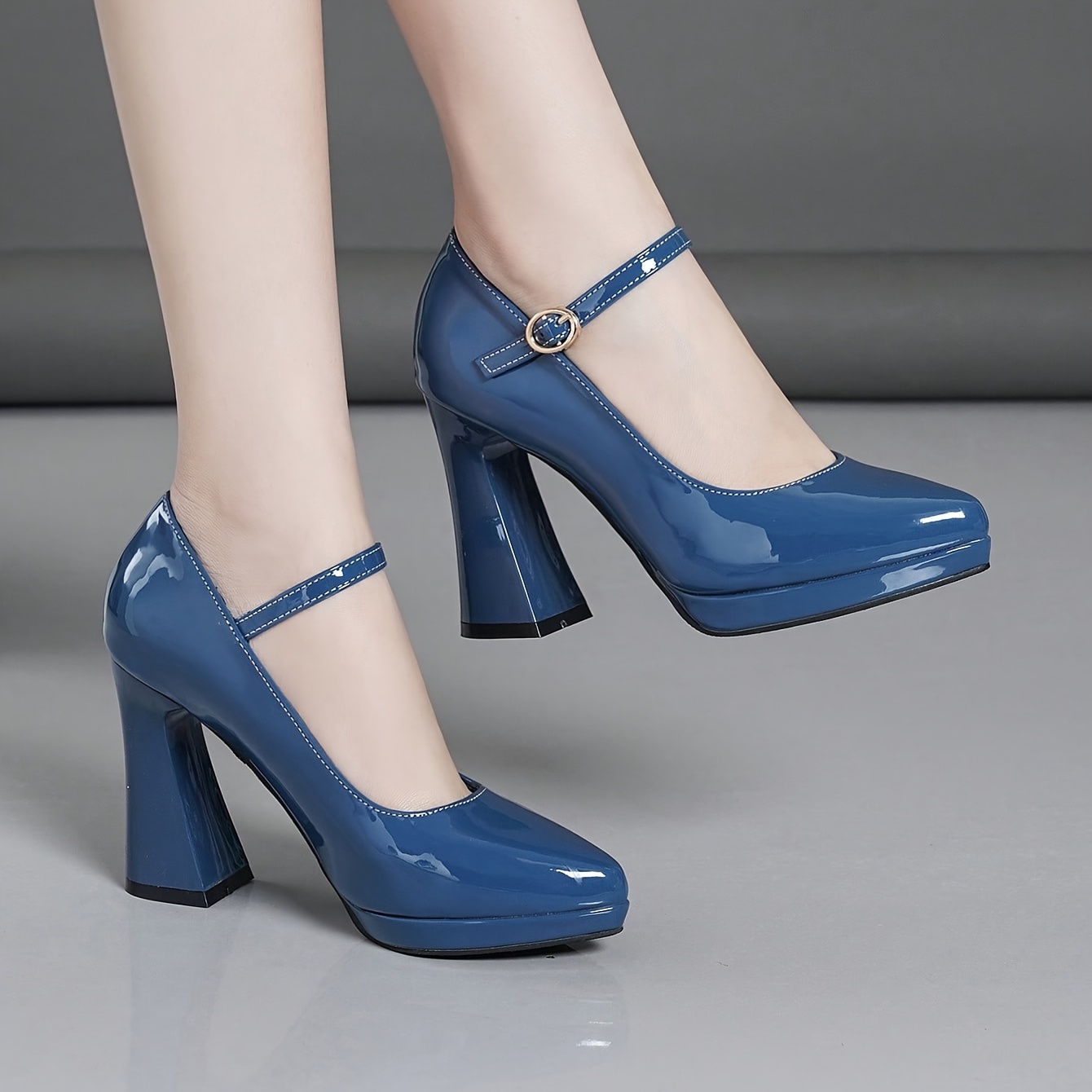womens elegant blue block heel pumps pointed toe ankle strap Temu