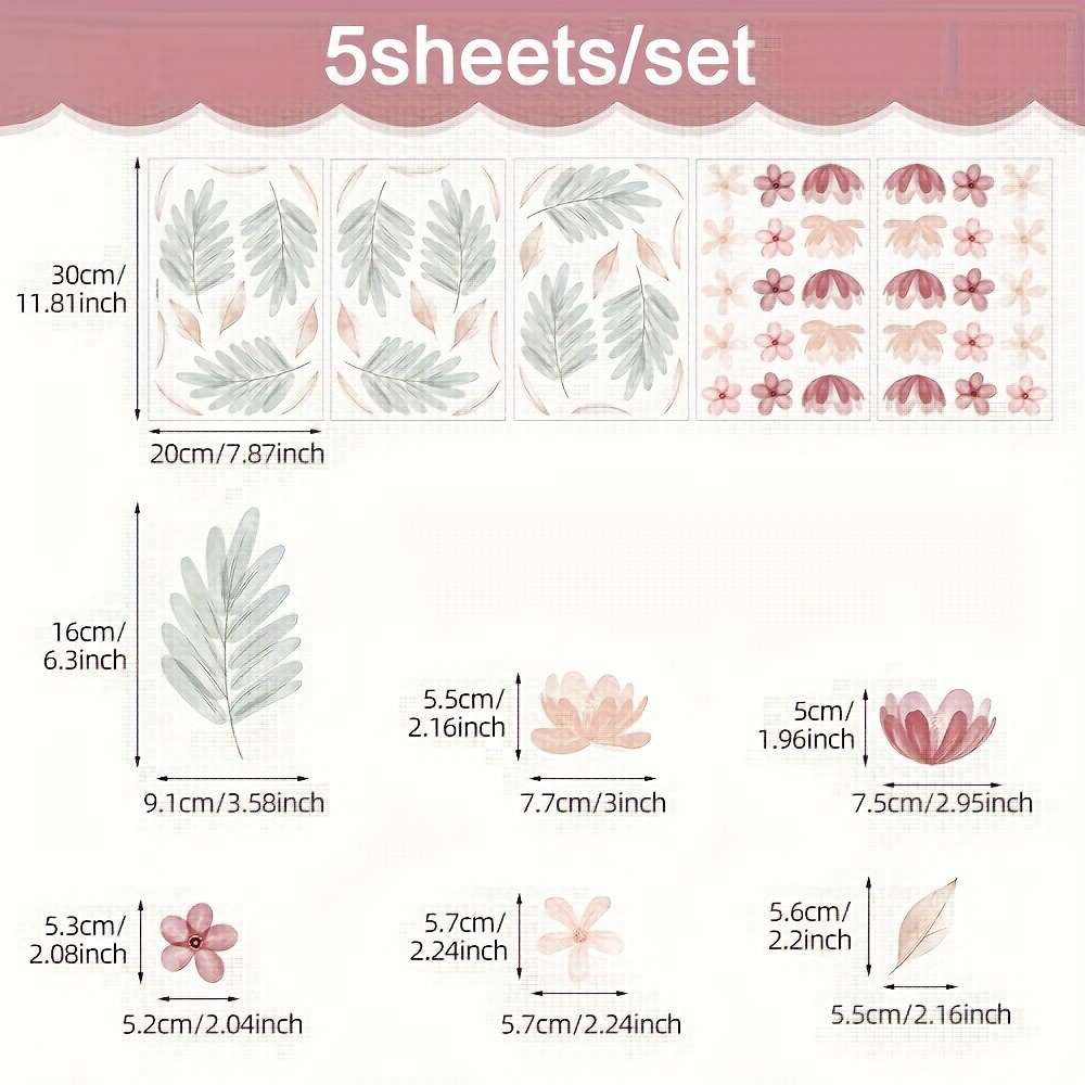 5 Sheets/set, 66pcs Bohemian Style Flower Wall Stickers, Pink Flower Stickers, Green Leaf Wall Stickers, Detachable, Suitable For Bedroom, Living Room, Bathroom, Bathroom Wall Decoration