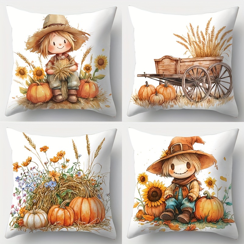 

4-pack Throw Pillow Covers With And Pumpkin Design, Soft Polyester, Contemporary Style, Hand-washable, Printed With Zipper Closure, Living Room Decoration