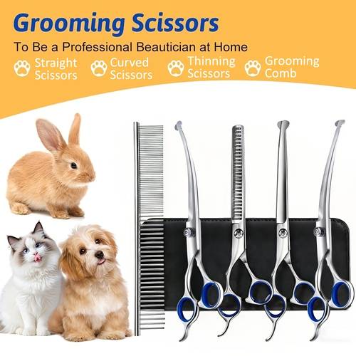 7 in 1 professional stainless grooming scissors with safety round tip titanium coated heavy duty grooming scissors set with straight thinning curved scissors comb pet grooming scissors kit for dogs cats other animal