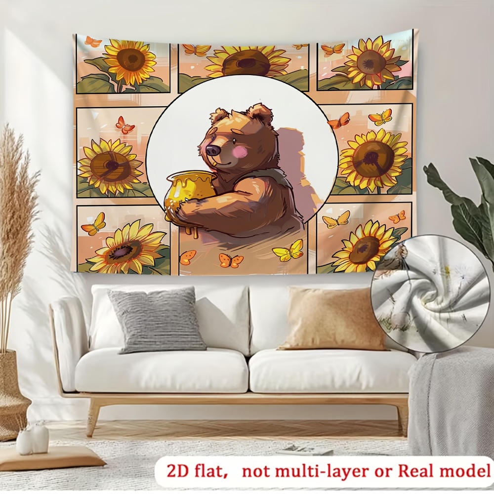 Cute Brown Bear Sunflower Honey Photography Backdrop, 2D Flat