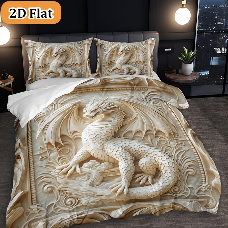 TEMU 2d Flat 3pcs Dragon Totem Digital Printing Duvet Cover Set(1 Duvet 2 Pillowcases Without Pillow Core), Soft And Dormitory Room Decor