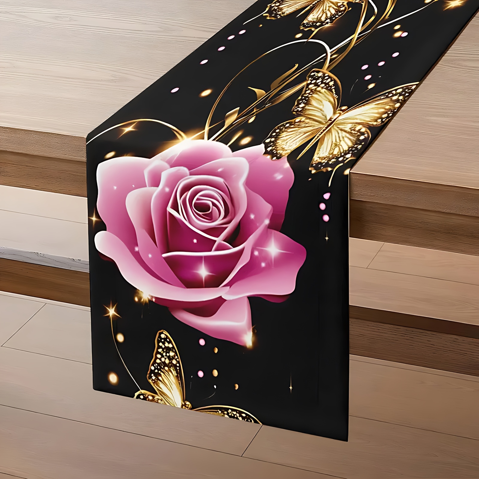 E-shop 1 Eleganter Tischläufer mit Liebesthema, Rosa Rosen Goldenen Schmetterlingen – Langlebige Tischdecke, Ideal für Restaurants, Küchen, Büros,