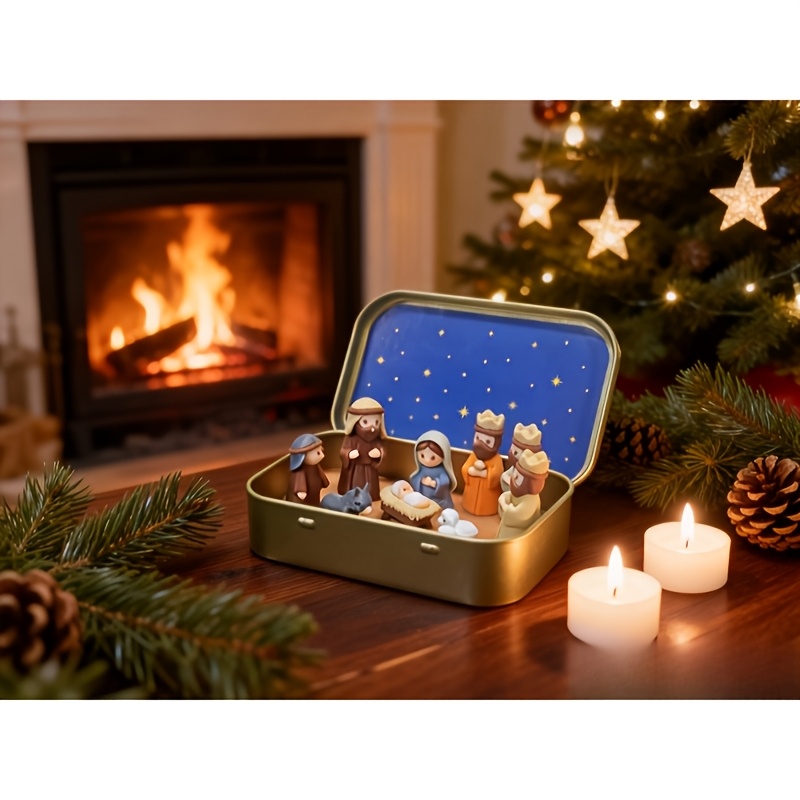 Image of Handcrafted Mini Christmas Manger - Portable Pocket-sized Nativity Scene With Mary, Shepherds, And Animal Figurines, Hand-painted, Ideal For Easter, Christmas Gift, Christmas