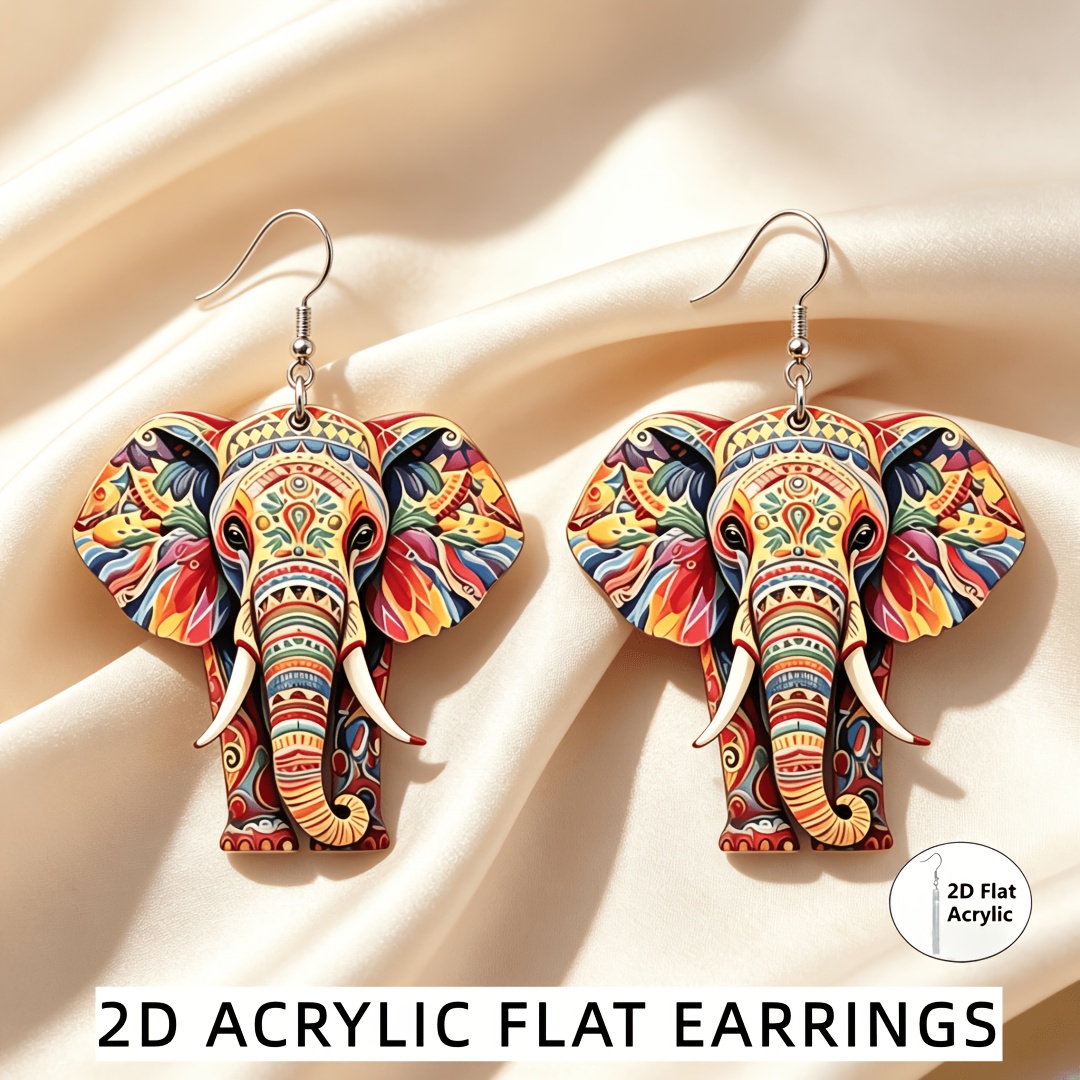 Image of 2d Flat, Boho Colorful Elephant Earrings For Women, 2d Flat Acrylic Dangle Earrings, Tribal Ethnic Print Drop Jewelry, Bohemian Aesthetic Gift For Her, 2d Flat