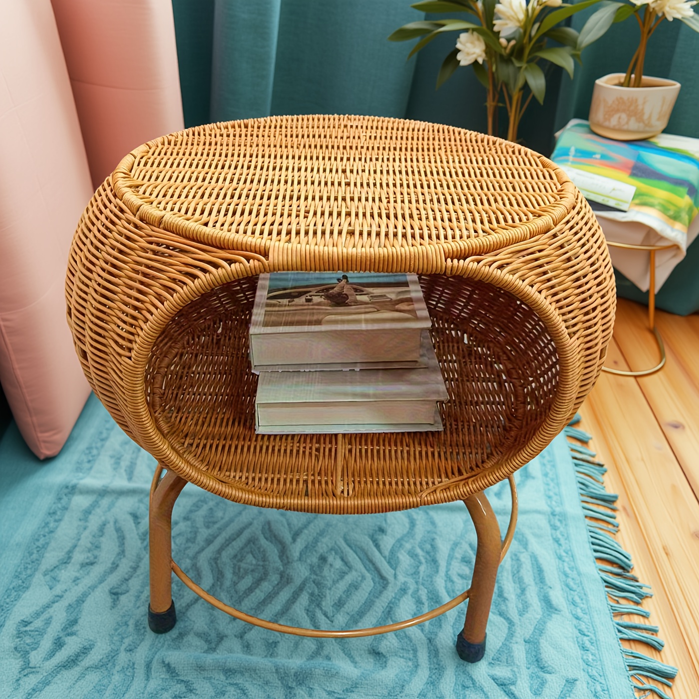 TEMU Taburete de almacenamiento tejido de ratán/Cesta de almacenamiento/Mesa auxiliar de con taburete pequeño/Para cocina, , dormitorio/Regalo para