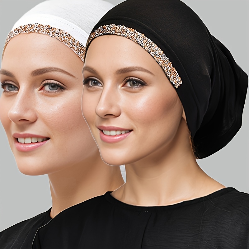 

Elegant Headscarf With Diamond Accents - Breathable Polyester Visor, In White, , Black | Stylish Solid Color Hat For Women, Breathable Scarf|stylish |smooth Texture, Scarf