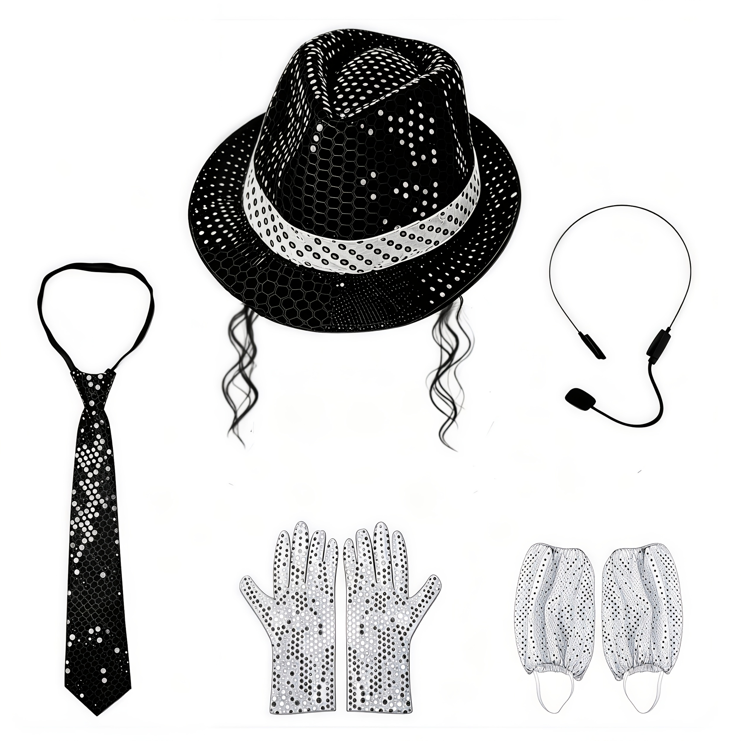 TEMU Ensemble de costume disco années 70-80, chapeau fedora à paillettes, gants, cravate, jambières, accessoire casque, unisexe adulte