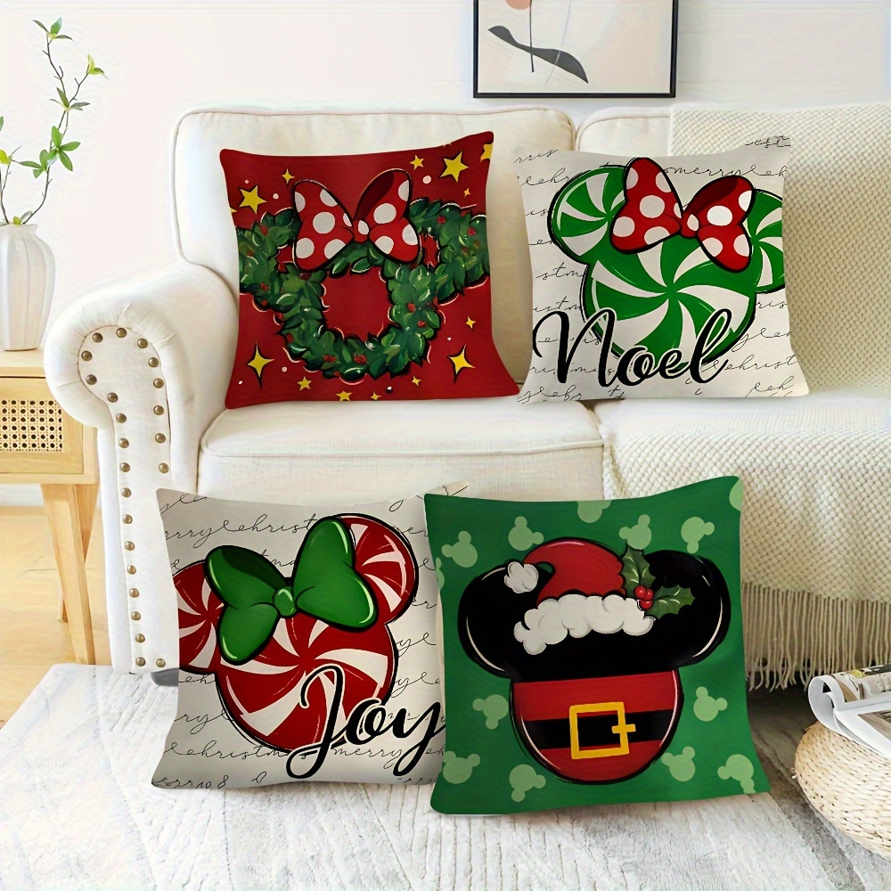 

4-pack Merry Christmas Mouse Themed Pillow Covers, 18x18 Inches, Short Plush, Polyester, Vintage Style, Zippered Cushion Cases For Living Room, Bedroom, Office Decor