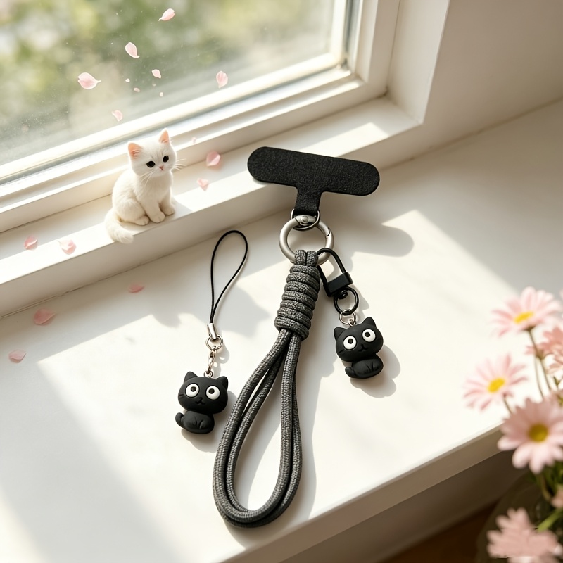 TEMU 2pcs Black And White Kitten Knitted Phone Wrist Straps With Phone Case T-piece Anti-loss Phone Chain Secure Installation Fits Most Phone Cases
