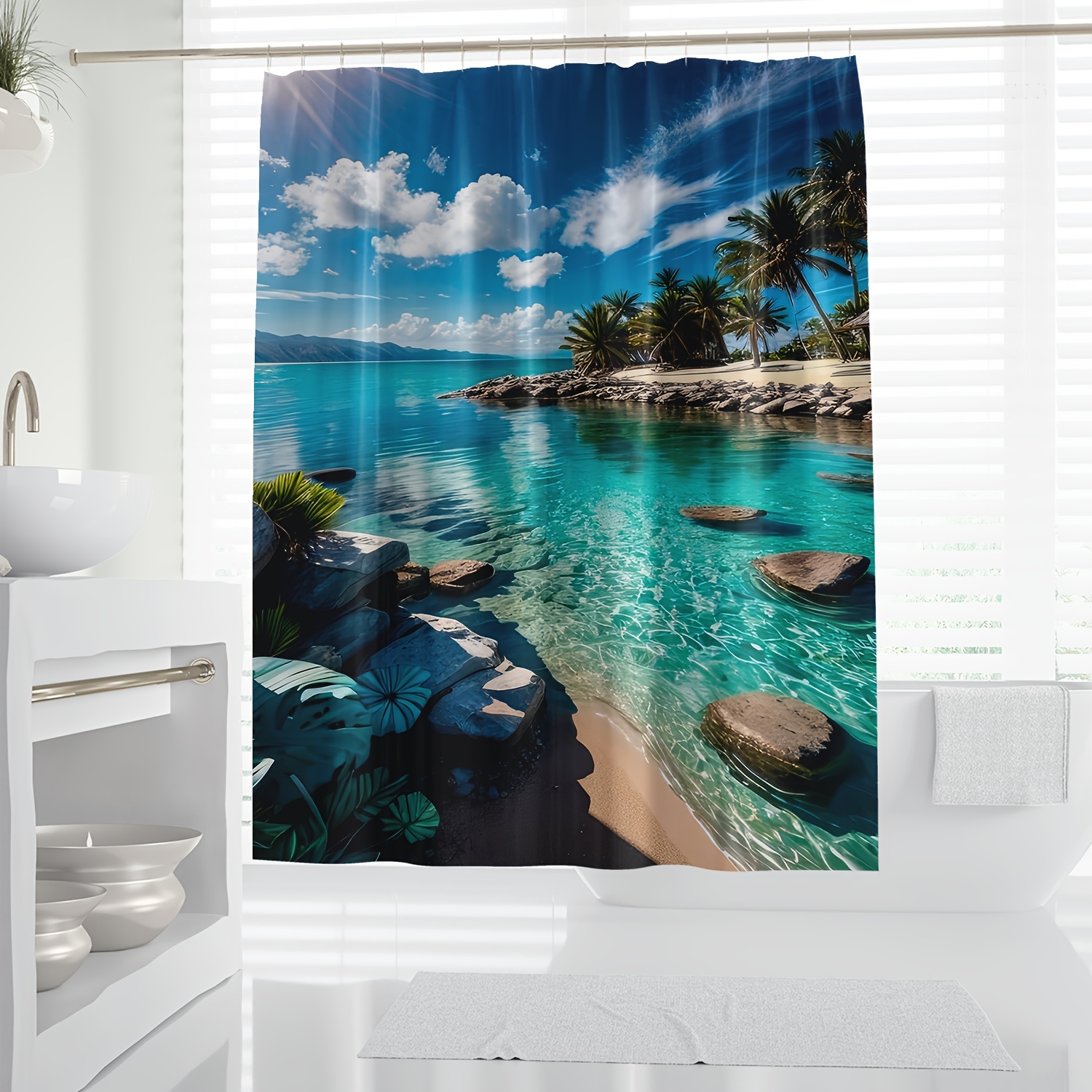 

Coastal Bliss: 1pc Waterproof Shower Curtain With Beach & Seaside Print, Includes Hooks - Perfect For All Seasons Shower Curtain Set Shower Curtain Hooks