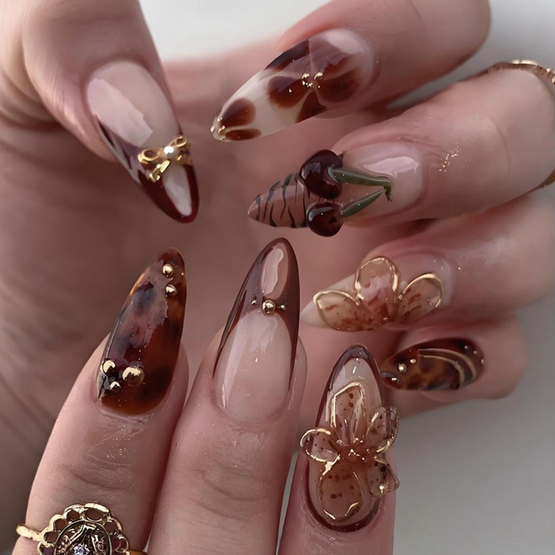 Medium Square Shape Press On Nails Brown French Nails Leopard Print Cherry Floral & 3d Three-dimensional Decoration Bowknot Decor Design Full Cover Nails 24pcs