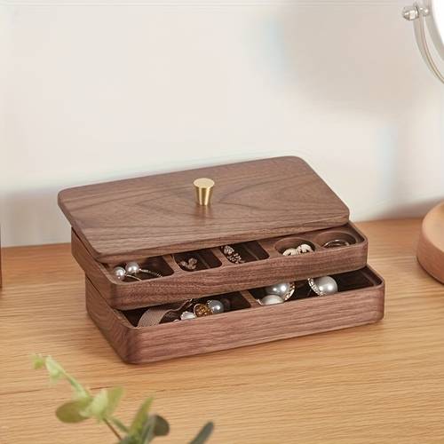 vintage recycled wood jewelry box double layer organizer with detachable tray soft lined compartments for earrings necklaces bracelets rings elegant desktop storage for women valentines gift small jewelry box keepsake holder metallic knob handle jewelry boxes