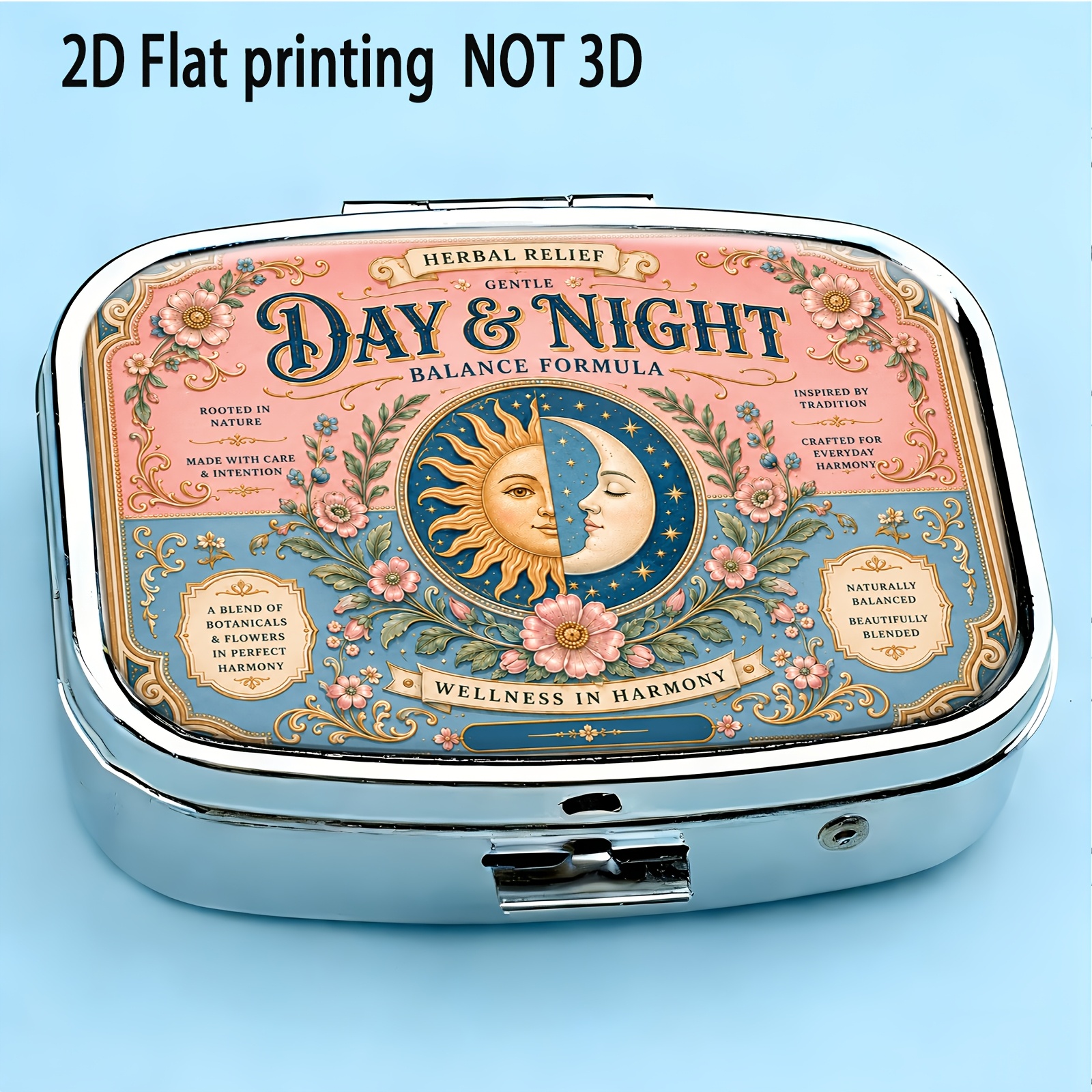 TEMU 1pc Square Pill Box / Sun And Moon Floral Border Pattern / Day And Night Vintage Label Style / 2d Flat Printing / Pocket Pill Box / Mini Storage