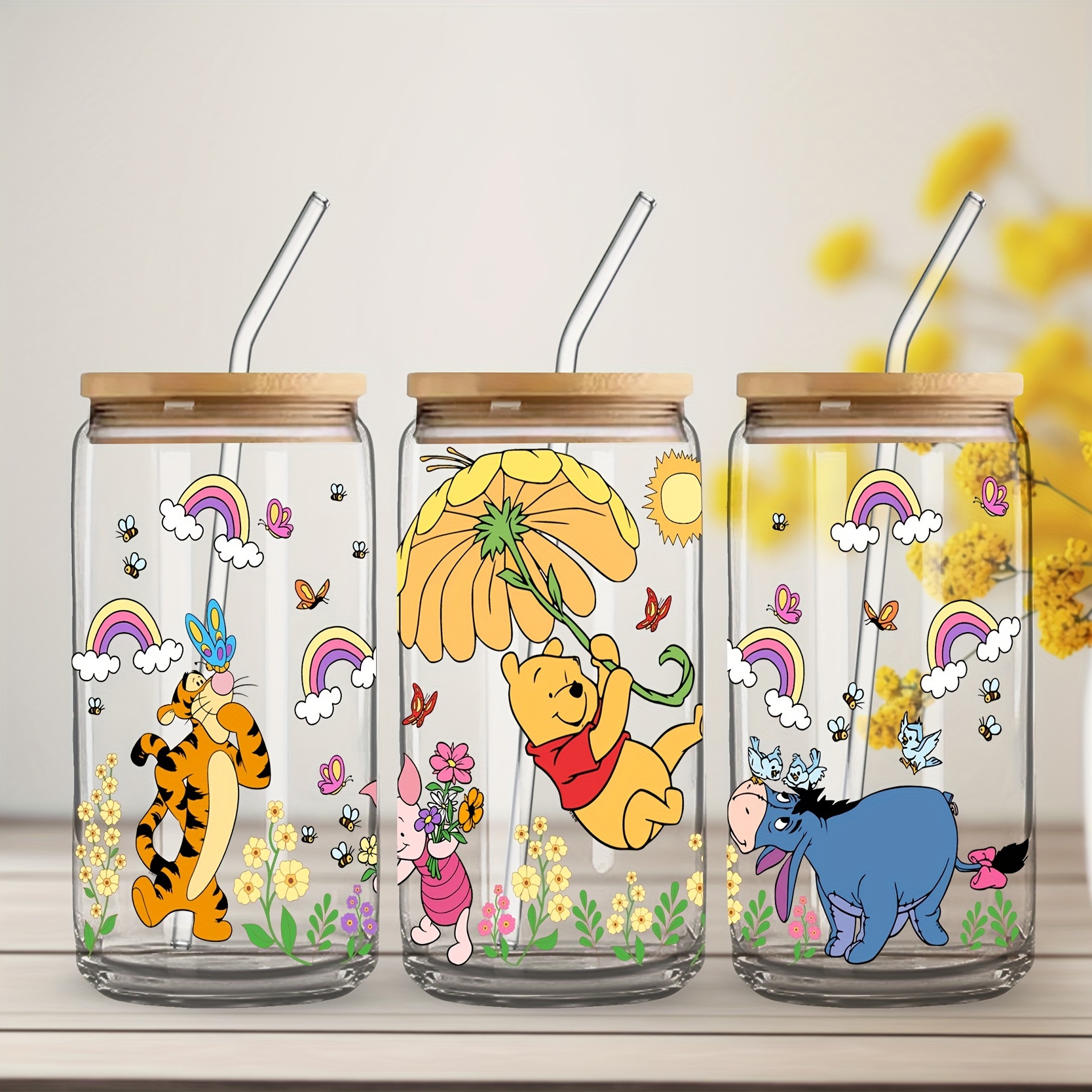 

Disney Winnie & Piglet 16oz Glass Tumbler With Straw - Insulated, Reusable Drinking Cup For Coffee, , Milk, Juice - Handwash Only