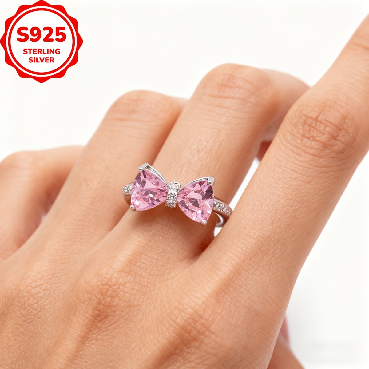 925 Sterling Silver Pink Bow Shaped Ring, Daily Wear