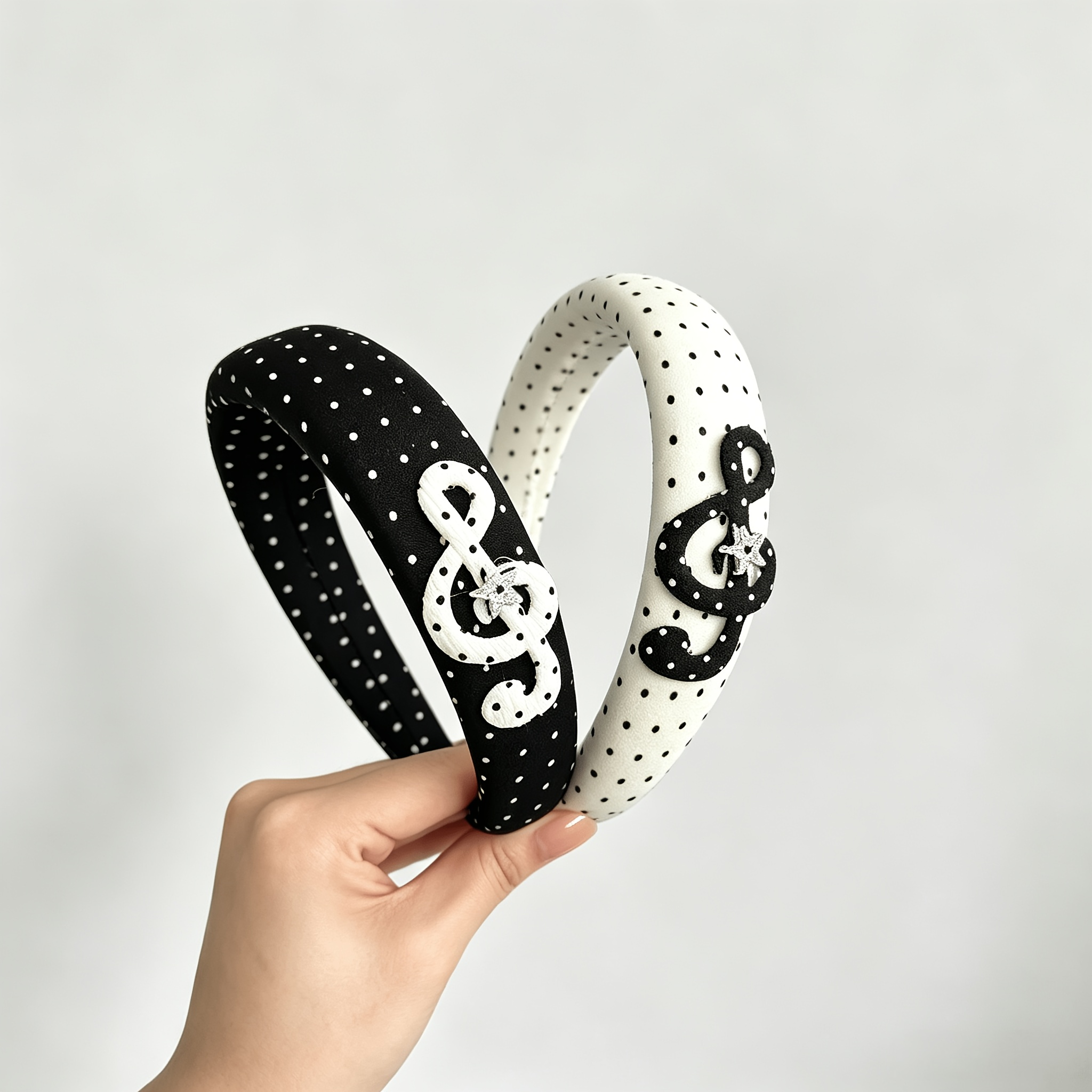 TEMU 2pcs Polka Dot Music Note Headbands, Rhinestone Treble Clef Hair Scrunchies, Black White Festival Women Hair Additions, With Padded Anti-slip