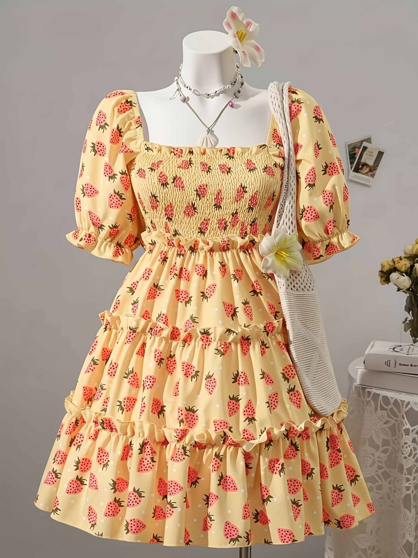 who sells cute dresses Stylish, Versatile, High-Quality, High-Waist Strawberry Print Straight-Cut  Women'S Dress