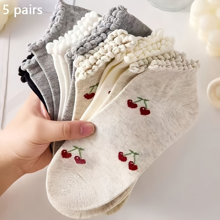 TEMU 5 Pairs Spring/summer Bubble-toe Cherry Casual Ankle Socks, Ins-style Sweet Girly Versatile Socks