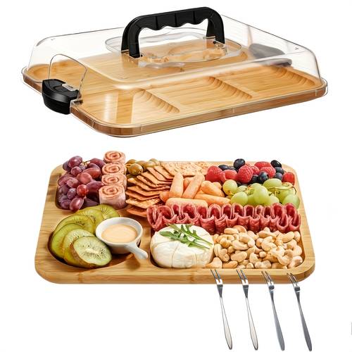 1pc cheese tray with transparent acrylic lid and forks portable charcuterie board for camping parties restaurants ideal for holiday appetizers charcuterie shops snack serving trays behind chopping board organizer