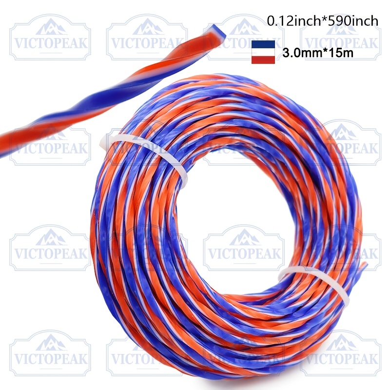 TEMU Fil de débroussailleuse (3.0Mm*15M Torsadé Bleu, Blanc et Orange Couleurs 1 Rouleau) Fil de coupe de pelouse, Fil de coupe de jardin, Fil de