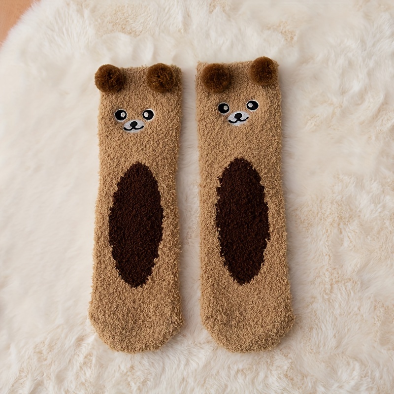 Image of 1/5 Pair Of Fluffy Socks For Women Featuring , Made Of Coral Fleece, Mid-calf Length, Winter Cartoon Animal Design, Thick And Warm Plush Floor Socks