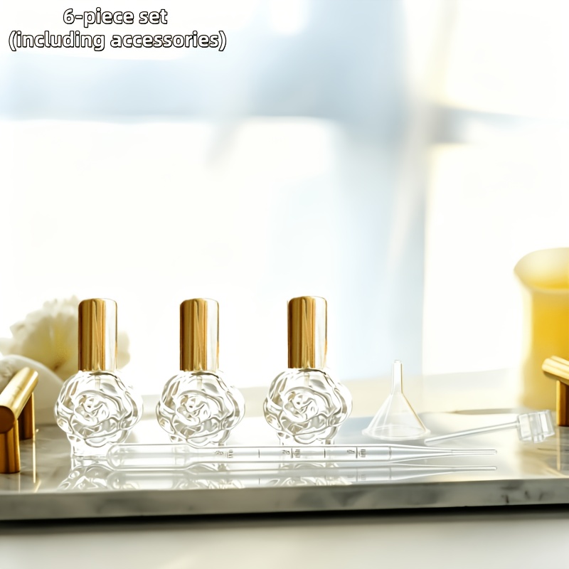 TEMU 6pcs Set (3 Bottles+3 Filling Accessories), Rose Shaped Design, 10ml Transparent Glass Perfume Bottle, Essential Oil Bottle, With Funnel, Straw,