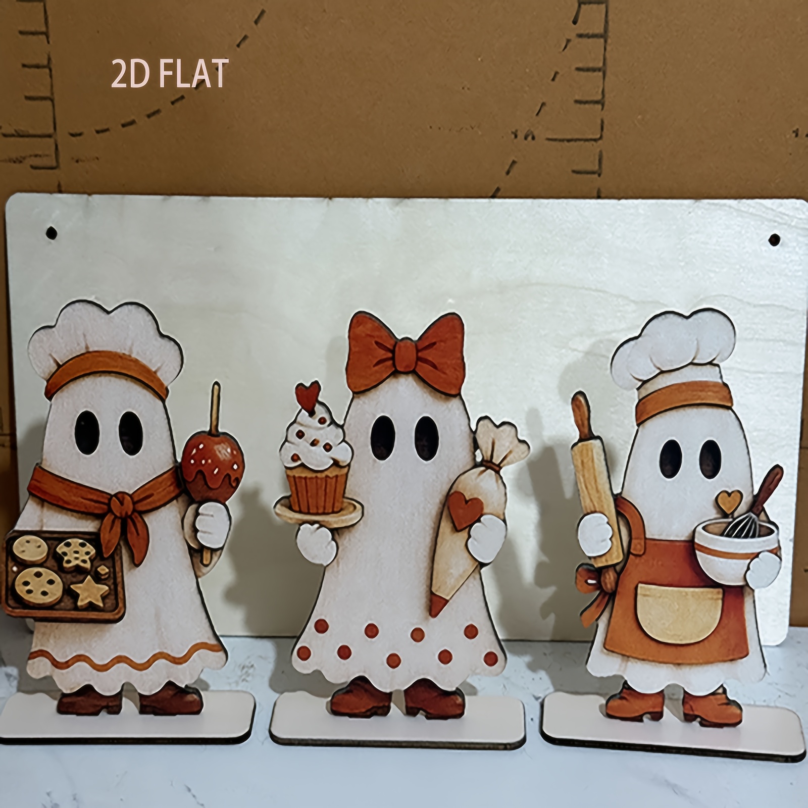 TEMU 2d Flat 3pcs Set, Wooden Desktop Ornaments Featuring 3 Styles Of Baking-themed , Chef Hats, Aprons With, Cupcakes, Rolling Pins, And Other Sweet