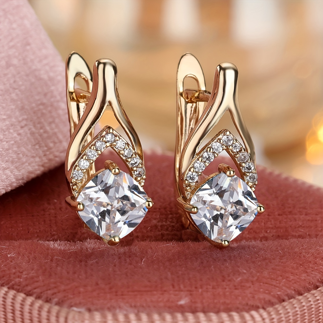 E-shop 1 Paar Elegante Quadratische Weiße Tropfenohrringe für Frauen - Luxuriöse Goldplattiert, Synthetische Zirkonia , für Hochzeiten & Formelle