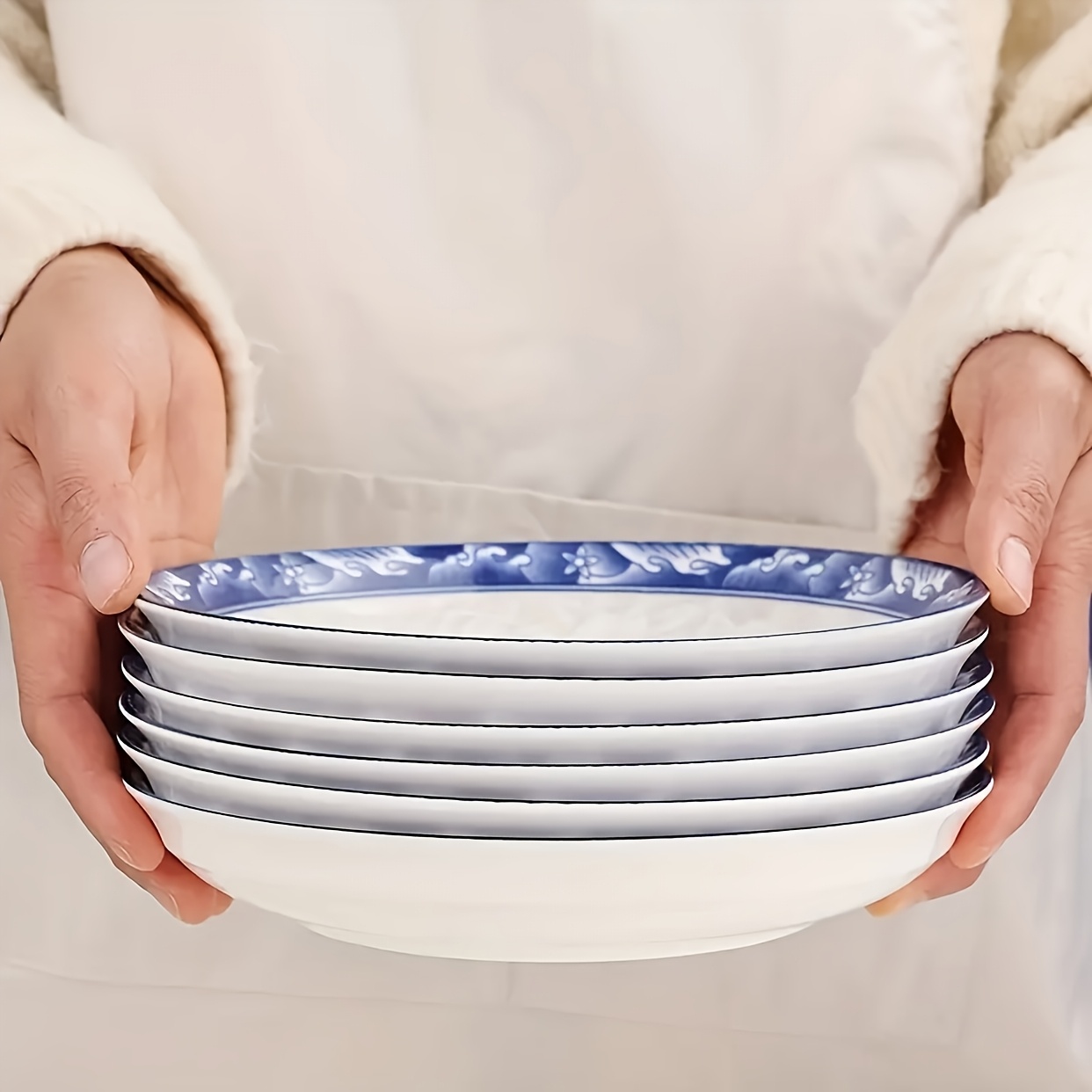 TEMU 6pcs Elegant Blue And White Ceramic Dinnerware Set, Large Round Plates With , Microwave And Dishwasher Safe, Suitable For Main Courses And