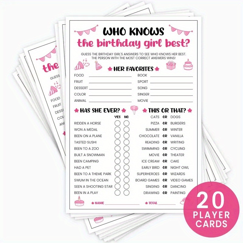 Image of 20pcs Birthday Party Game Cards - The Birthday Girl Best? - Questions For Girls - Paper Material, No Electricity Needed, Feather-free, Not Currency - Perfect For Celebrations For Halloween、christmas