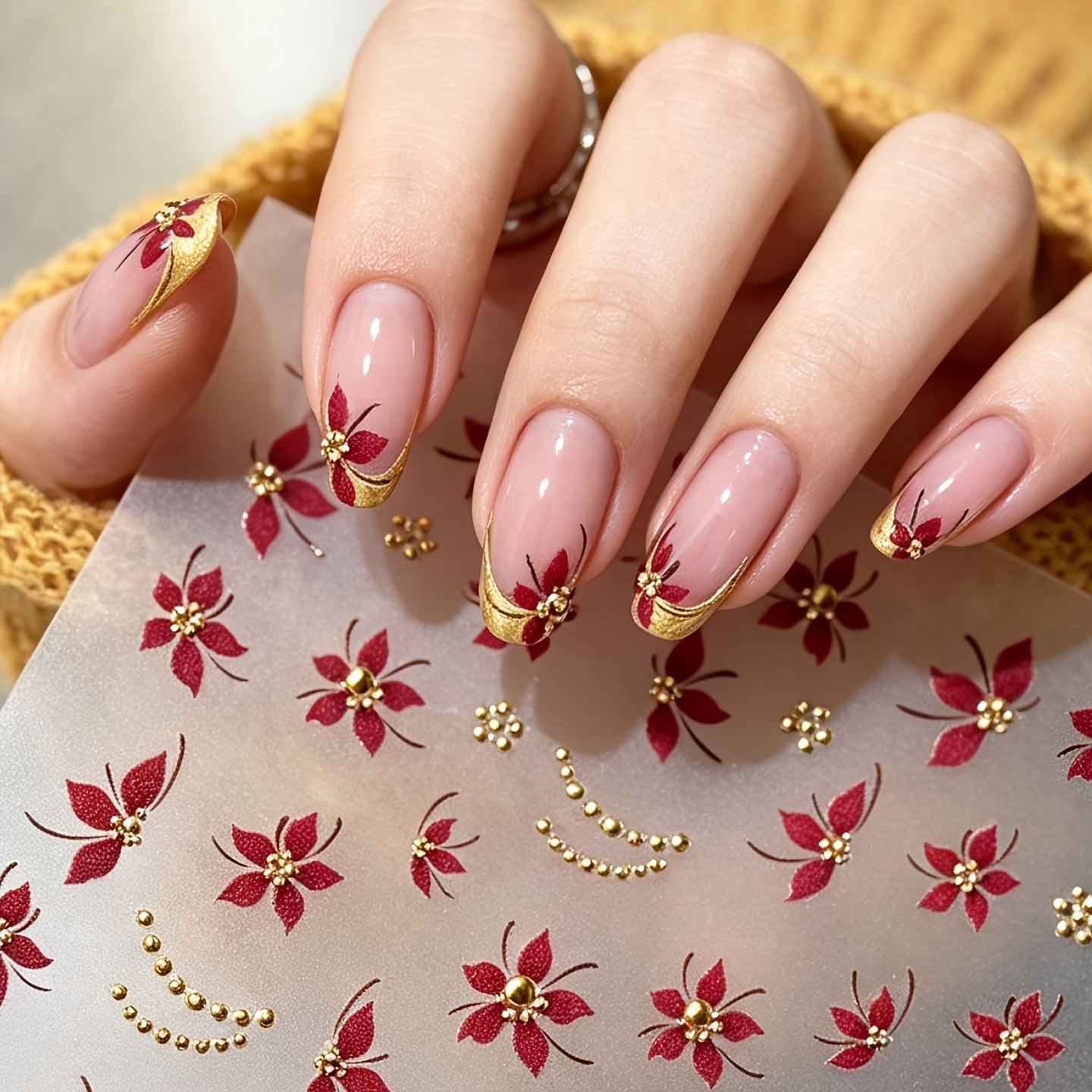 TEMU 1pc 5d Stereoscopic Relief Burgundy Vermilion Flower Nail Stickers - New Chinese Style Gilded Red Flower Retro Hot Foil Curve Dot Autumn