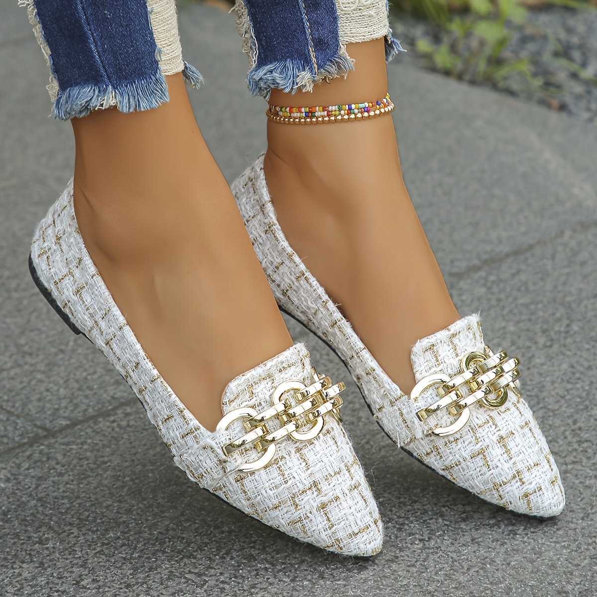 Pointed Toe Ladies White Flat Shoes Women's Wide Size Pointed Toe