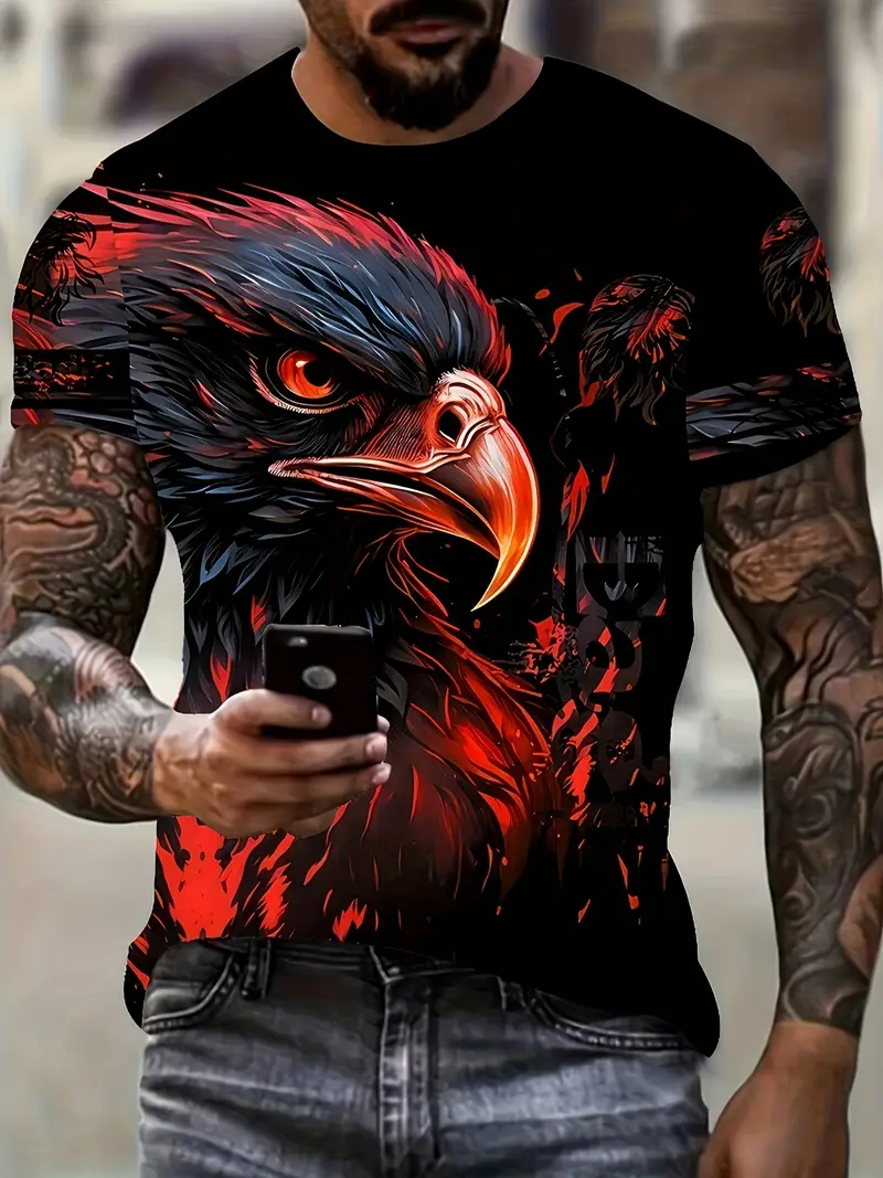 Camiseta Hombre Con Estampado De Águila 3D - Manga Corta, Casual, De Poliéster Y Elastano