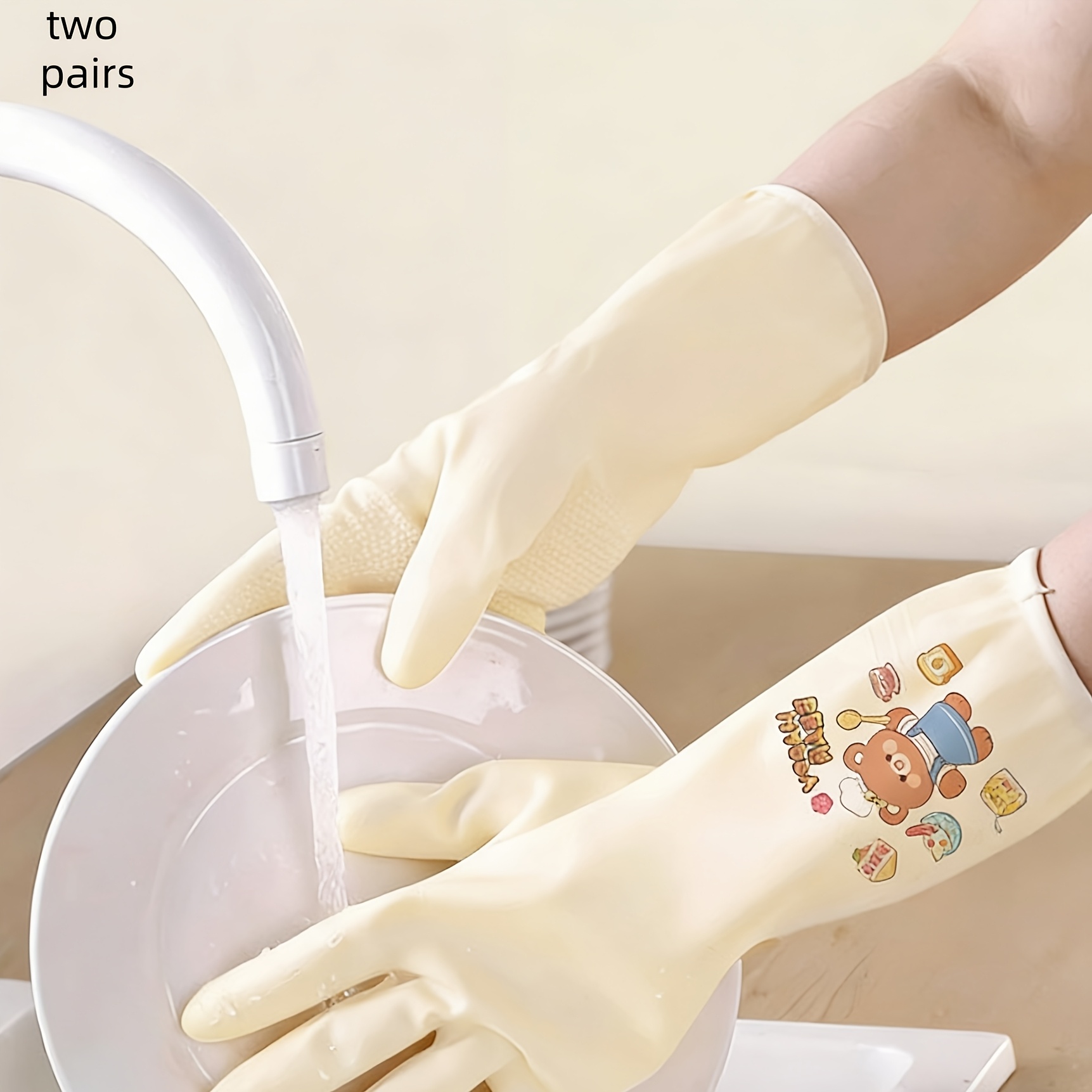 TEMU Cute Bear Patterned Dishwashing Gloves | Suitable For Kitchen And Laundry Cleaning, Made Of Pvc, Easy And Cute Design