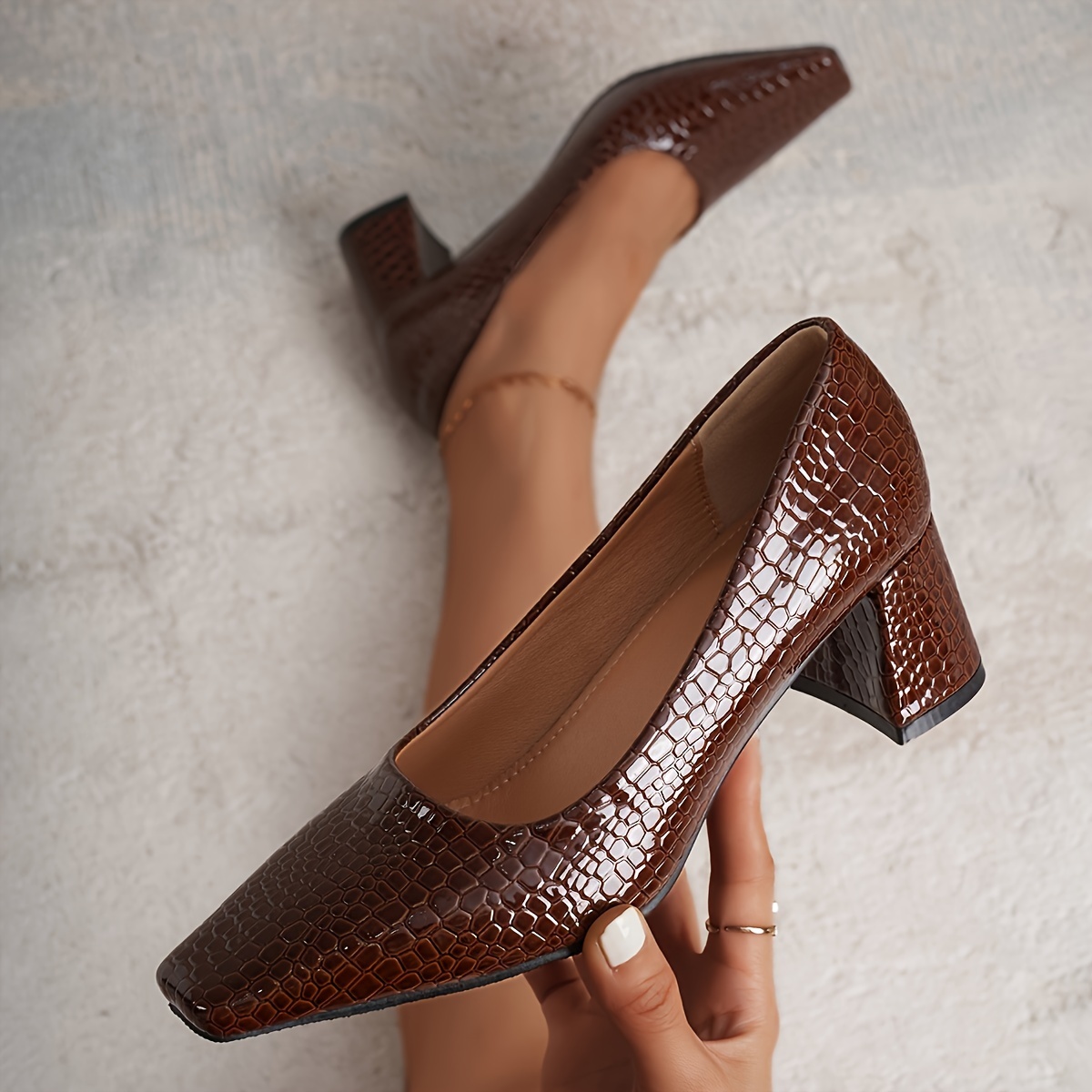 

Women's Square Toe Chunky Heel Pumps, Brown Crocodile Pattern, Fashion Slip On High Heels