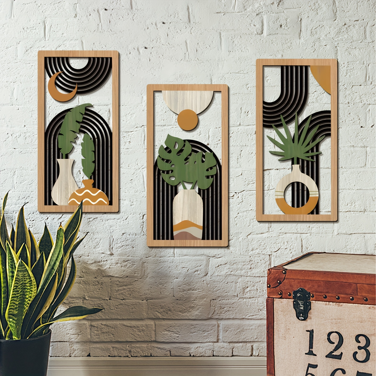 3pcs Bohemian Style Wooden Wall Art Decor Set - Hollow Craft Paintings Featuring Vase, Plants, And Banana Leaves, Suitable For Bohemian Home And Office Decor, Featherless, No Battery Required