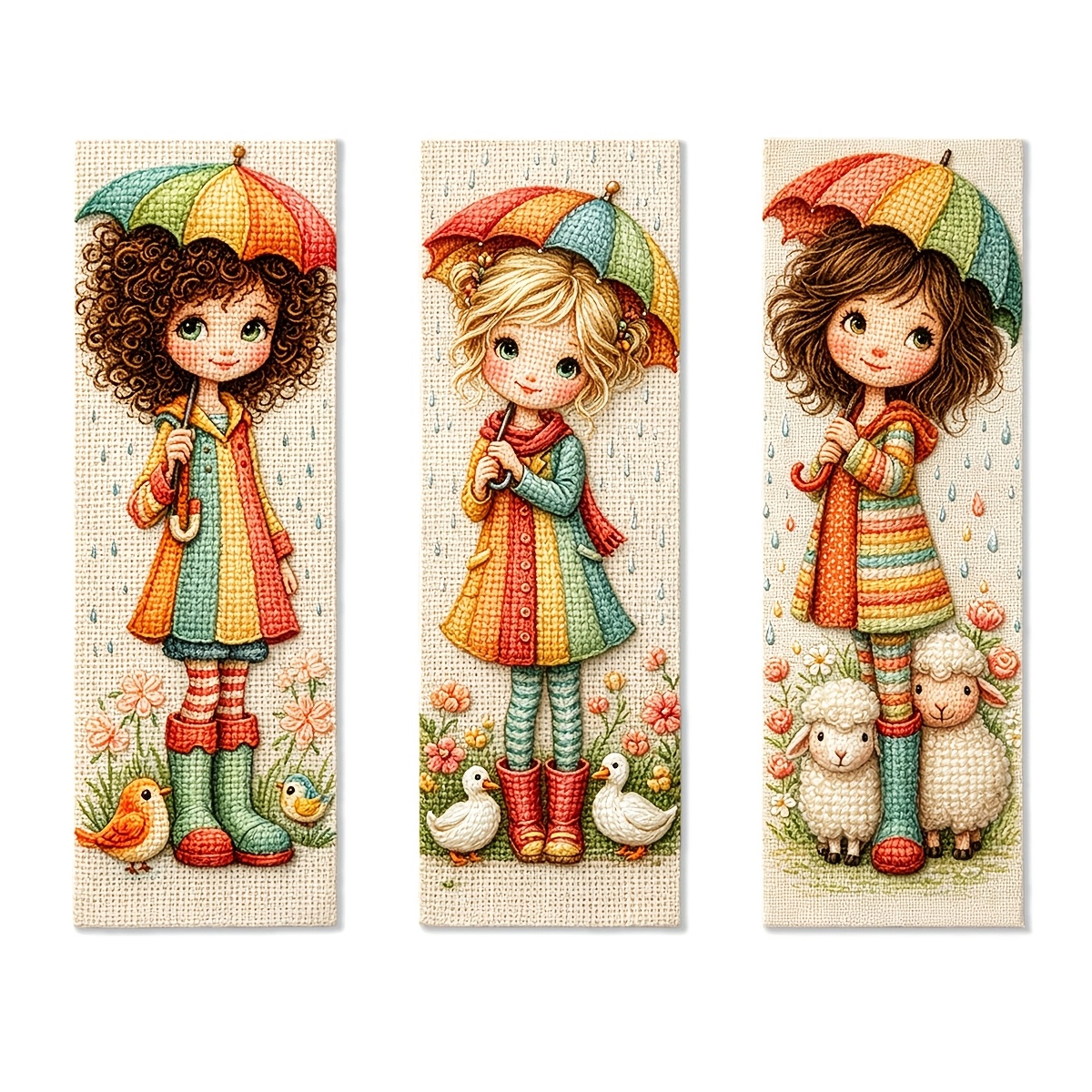 TEMU 11-carat Printed Cross- Bookmark Set, Umbrella Girl Theme Embroidery Material Bag, Includes Pre-printed Embroidery Cloth, Embroidery Thread,