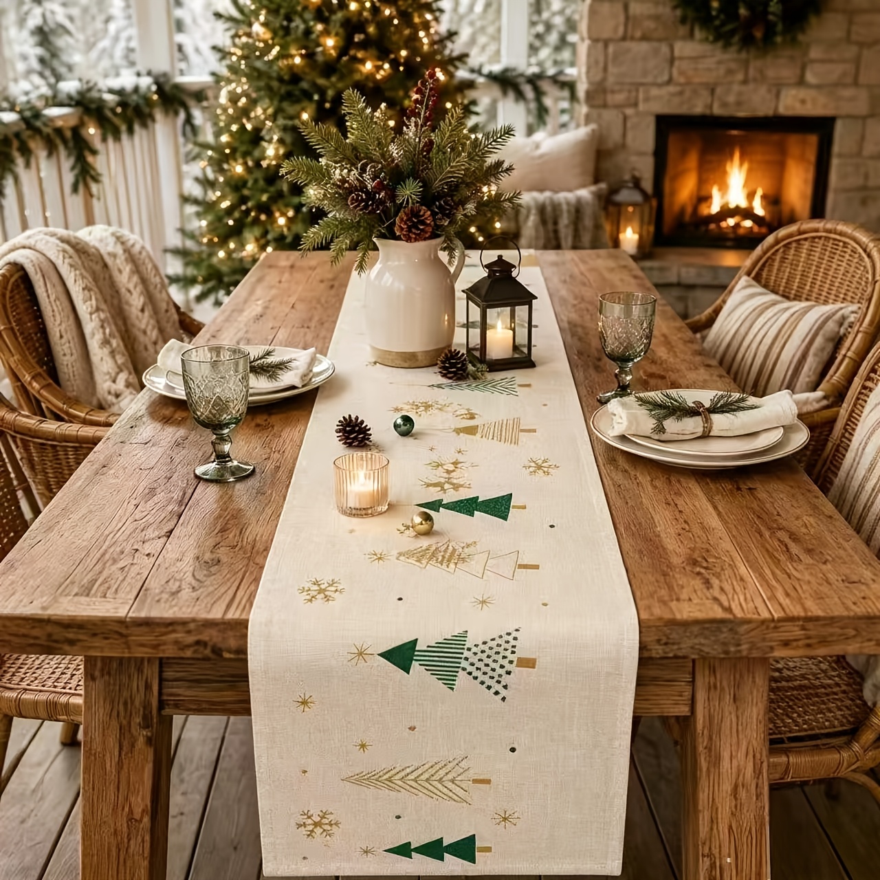 TEMU 1pc Dokriy, Linen Textured Table Runner With Geometric Tree & Snowflake Print, Decorative Dining Table Scarf, Seasonal Tabletop Decoration For