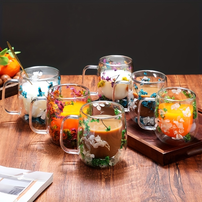 

1pc Innovative Double-walled Glass Mug With Real Dried Flowers - High Borosilicate, - Ideal For Home, Office, Or Bar Use