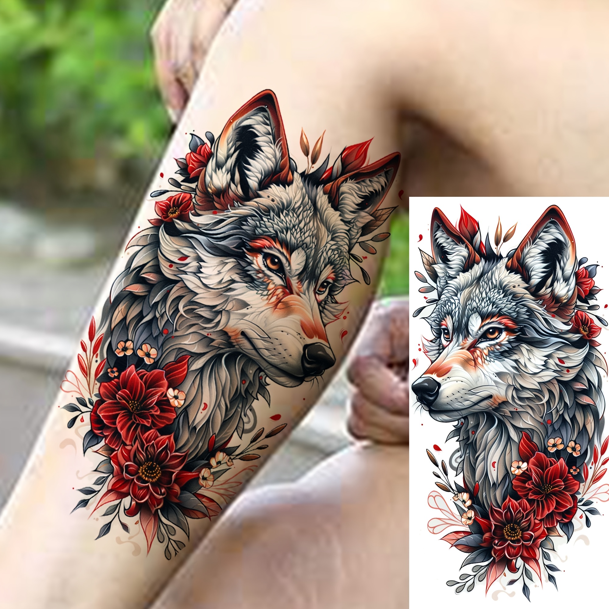 Image of 1pc Realistic Wolf & Floral Temporary Tattoo Sticker For Women And Men - Waterproof, Long-lasting Fake Tattoo For Arm, Thigh, Forearm, And Calf - Vibrant Red Flowers & Desig
