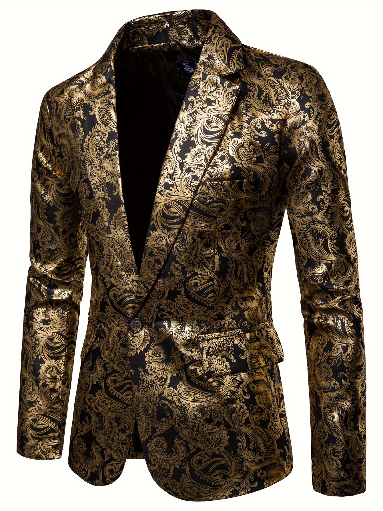 Men's Golden Paisley Graphic Print Blazer, Casual One Button Lapel Suit Jacket For Spring Fall Business Banquets, Parties, Outdoor Cloth