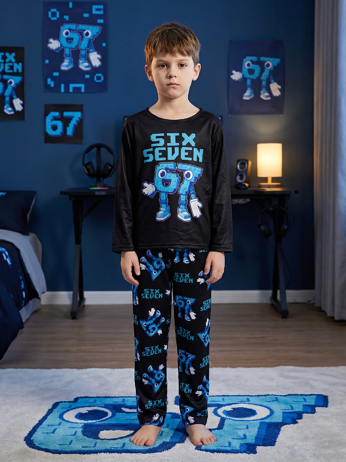 item picture two piece boys set creative cartoon letter 67 character long sleeve top pants loungewear set features full print   67 elements on the pants   suitable for boys   stylish loungewear