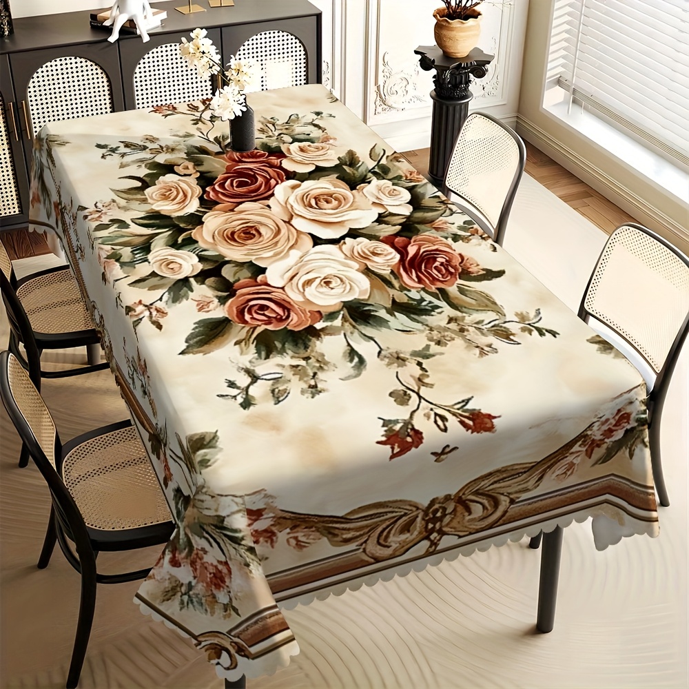 TEMU 1pc Beautiful Elegant Floral And European Lace Print Rectangular Tablecloth, With Fan-shaped Edges Polyester Fiber, Suitable For Home Dining
