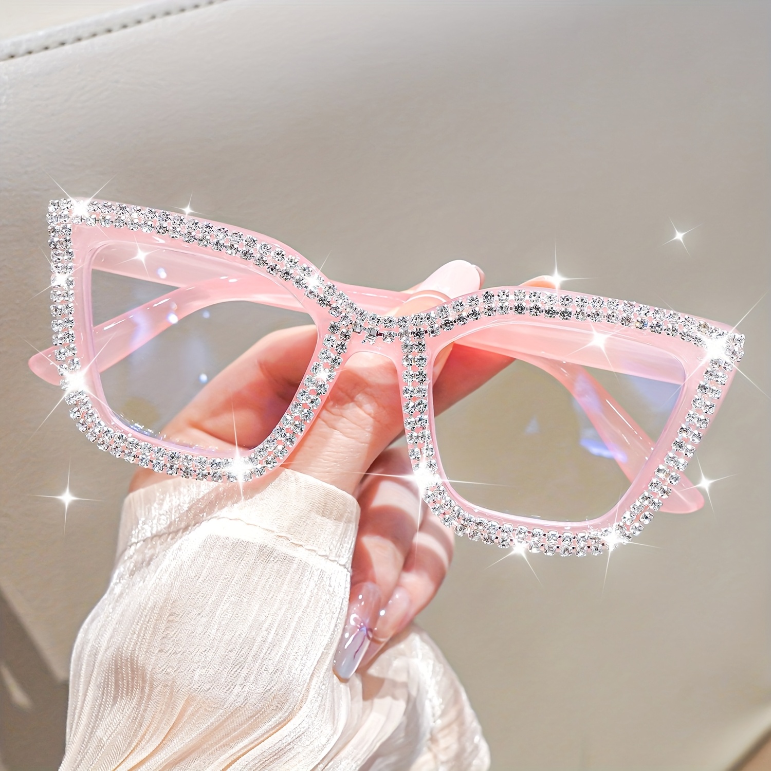TEMU Cabecade Eye Rhinestone Glasses - Sparkling Eyeglasses With Full-rim Frame, Cat-eye Shape & Rhinestone Accent, Unisex For , Parties Weddings Casual Attire (no Needed)
