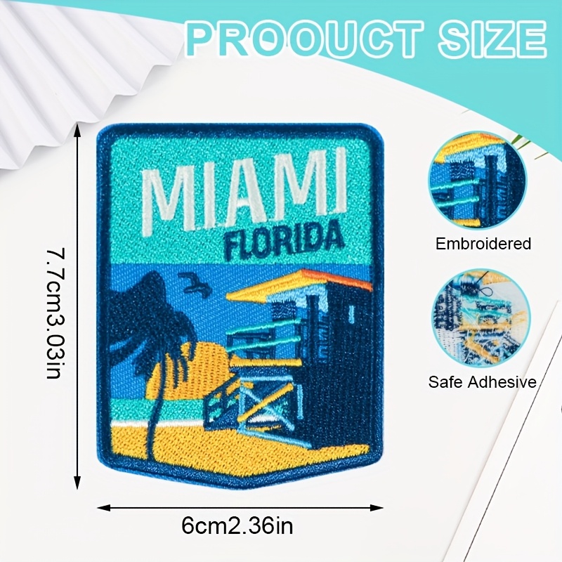 TEMU 1 pièce Patch brodé thermocollant Miami USA, patch de voyage à coudre, convient pour vestes, vêtements, sacs à dos, équipement d'extérieur,