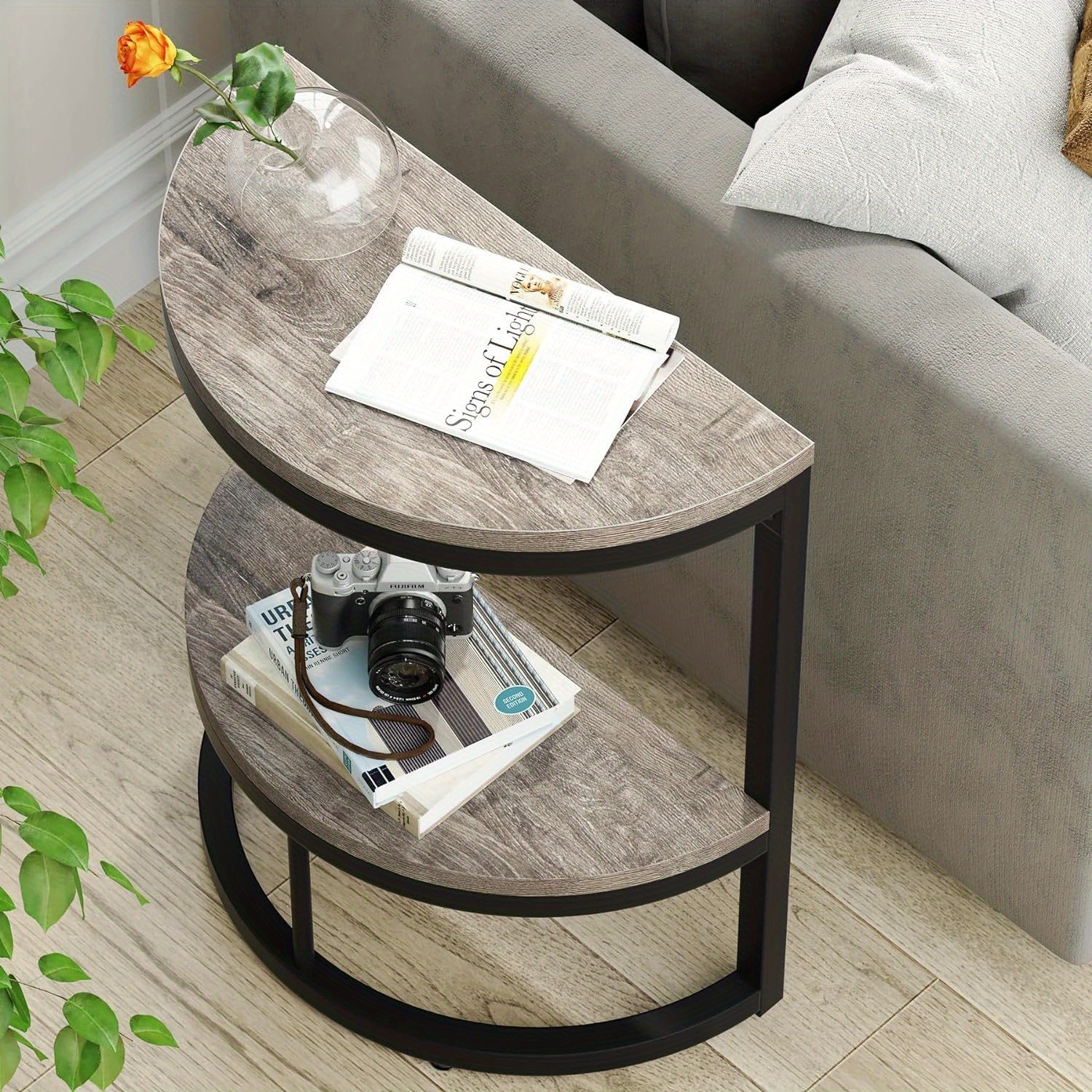 TEMU Table d'appoint moderne de demi-cercle avec étagère de rangement à 2 niveaux - Table d'accent mince de C, de place, adaptée pour canapé, lit, -