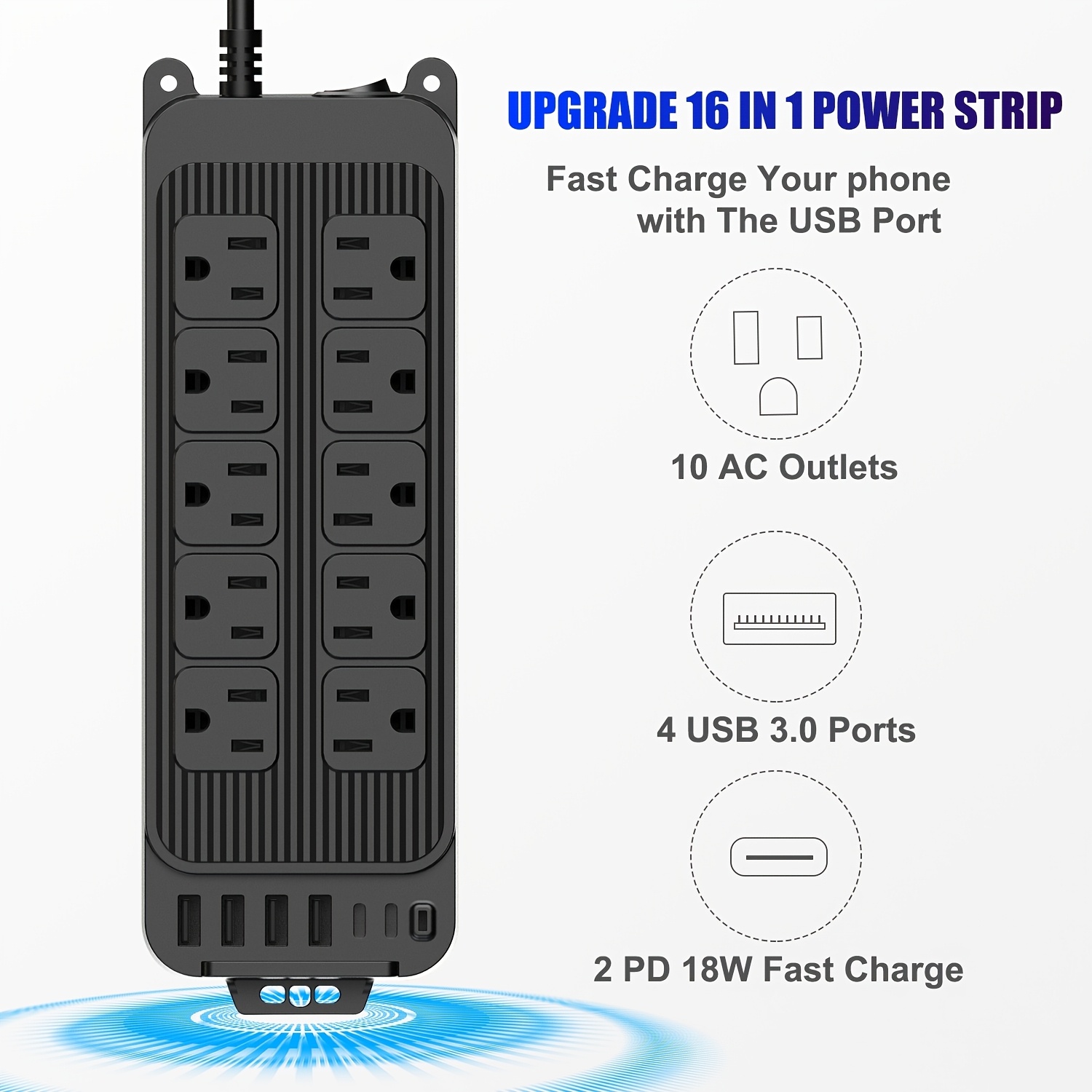 flat plug power strip phone charger with 4ft thin flat extension cord 10 outlets 6 usb ports 2 usb charging station compact protector power strip for office dorm essentials details 3