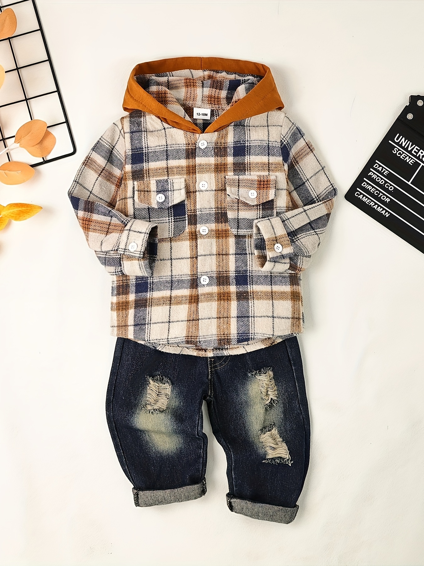 Boy Clothes Toddler Boy Fall Outfits Winter Long Sleeve Plaid Hooded Sweatshirt Pocket Ripped Holes Jeans Clothing Set Dark Khaki 12Months-5T, for Outdoor - Image 2